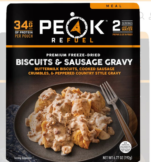 Peak Refuel Breakfast! Enjoy biscuits & Gravy, Breakfast Skillet, or Strawberry Granola